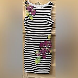 Cache Black and White Striped Dress with Purple Floral Design